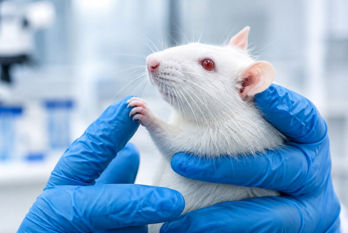 White laboratory rat held by a researcher wearing blue gloves
